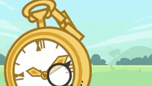 a cartoon drawing of a pocket watch and a blue cube