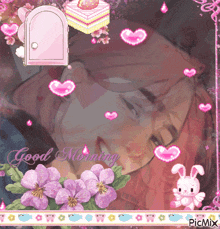 a picture of a woman with purple flowers and the words good morning on it