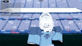 a girl in a shine city shirt is standing in front of a stadium