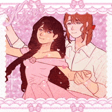a drawing of a girl in a pink dress and a boy in a white shirt with kisses written on the bottom