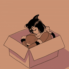a black and white drawing of a cat sitting in a cardboard box