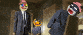 a man in a suit and tie stands next to a woman and two cartoon animals