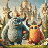 a blue and orange monster with horns and a crown on their head standing in front of a castle