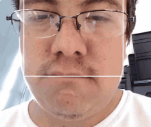 a close up of a man 's face with glasses