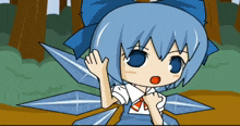 a cartoon drawing of a girl with blue hair and blue wings