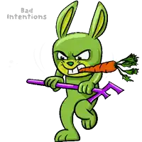 a cartoon of a green bunny holding a carrot with the words bad intentions above it
