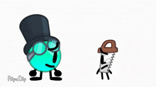 a cartoon character wearing a top hat and glasses is standing next to a cartoon character wearing a saw .