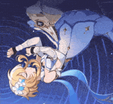 a drawing of a girl with a flower in her hair is upside down on a blue background
