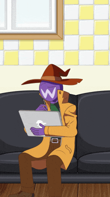 a cartoon character with the letter w on his face is sitting on a couch with a laptop