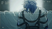 a drawing of a man with blue hair and a time of 82:17:57