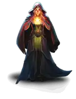a woman in a hooded cape is holding a glowing object
