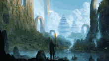 a painting of a man holding a torch standing in a river
