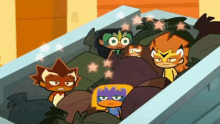 a group of cartoon characters are sitting in a trash can
