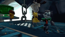 a group of cartoon characters are standing in a room .