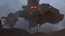 a robot with red eyes and a skull head