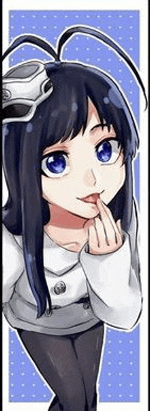 a drawing of a girl with long black hair and blue eyes .