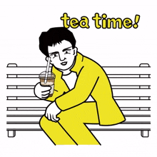 bench man yellow suit tea time fresh