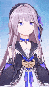 a girl with long purple hair is wearing a black and white dress and a blue ribbon around her neck