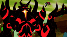 a cartoon drawing of a monster with red and black armor