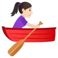 a woman is rowing a red boat with a wooden paddle