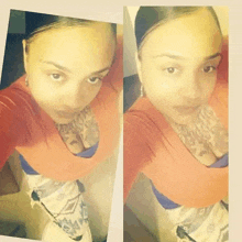 a woman with a tattoo on her chest is taking a selfie with her phone .