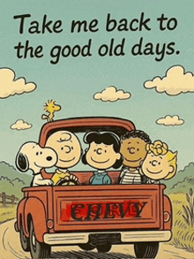 a cartoon of snoopy charlie brown and friends in a chevy truck