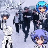 a group of people are standing in the snow and one of them has a blue haired anime character on her head