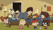 a group of cartoon characters are gathered in a living room and one of them is playing a guitar