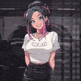 a pixel art of a girl with pink hair wearing a white shirt that says wen