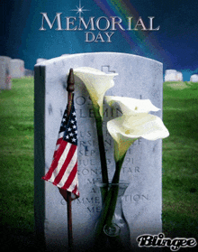 a memorial day poster with flowers and an american flag on a grave