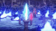a person is standing next to a candle holder with a blue flame coming out of it .