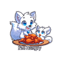 a cartoon of a fox eating chicken wings with the words i 'm hungry underneath