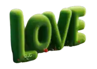 the word love is made of green grass and has a red rose on it