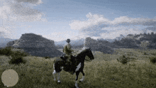 a man in a cowboy hat rides a horse in a field