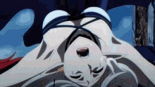 a woman in a bikini is laying on her back with her eyes closed and her mouth open .