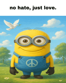 a minion wearing overalls with a peace sign on them
