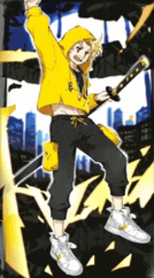 a boy in a yellow hoodie is holding a sword .