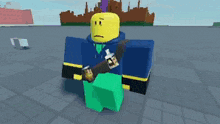 a roblox character with a sad face is holding a bottle and a watch .