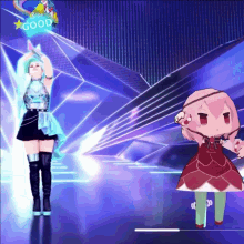 a girl in a blue dress is dancing next to a girl in a red dress