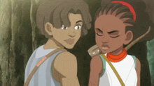 a boy and a girl are standing next to each other in a cartoon
