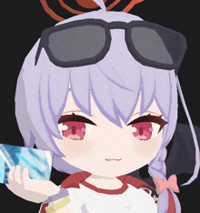 a cartoon girl wearing sunglasses holds a card