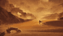 a painting of a desert landscape with a bridge in the middle