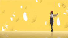 a cartoon drawing of a woman standing in front of a yellow wall