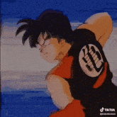 a cartoon of a man in a red and black shirt with a dragon ball z logo on his back .