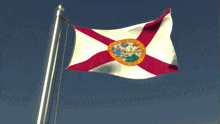 a florida flag flies in the wind against a blue sky