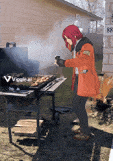 a cartoon drawing of a woman cooking on a grill with the words " vigge.ai " on the bottom