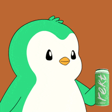 a cartoon penguin is holding a can that says " fakt " on it