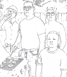 a black and white drawing of a family at a barbecue