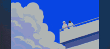 a cartoon drawing of a boy standing in front of a blue sky