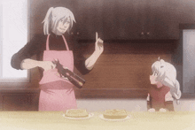 a woman in an apron is pouring a bottle of wine into a child 's mouth